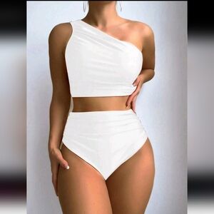 NWOT Women's 2 Piece One Shoulder Ruched High Waist Bikini, L, White